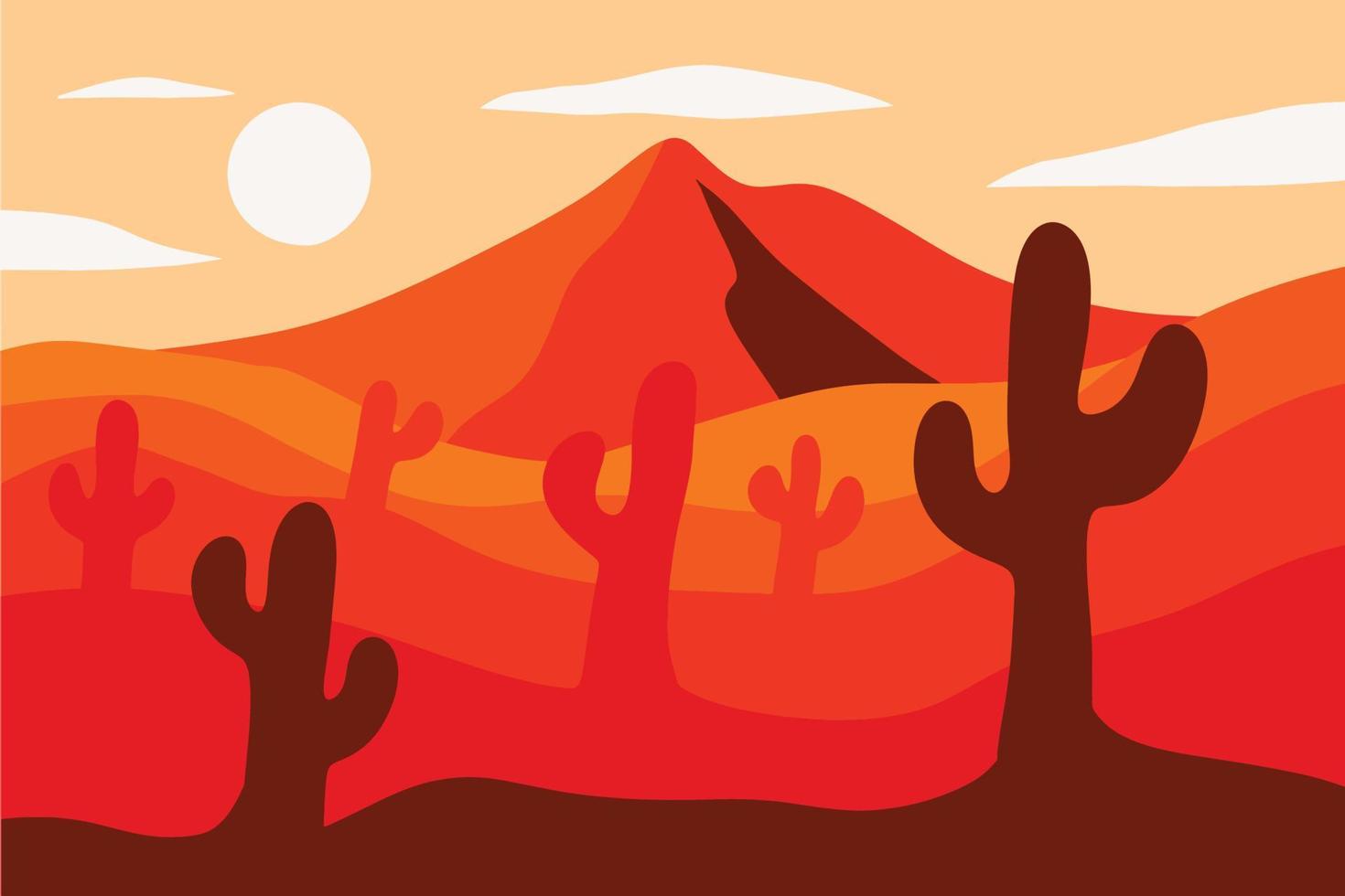 ilustración de paisaje de desierto, monte, cactus y luna en diseño plano para el fondo de la naturaleza vector