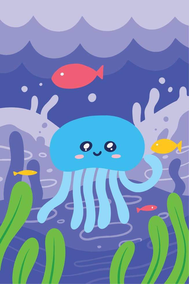 Cute jellyfish on coral reefs illustration for kids background. Tropical ocean landscape for nature wildlife design vector