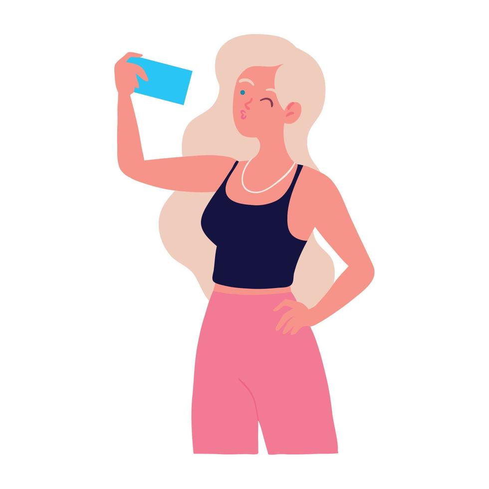 mujer con smartphone tomando selfie vector