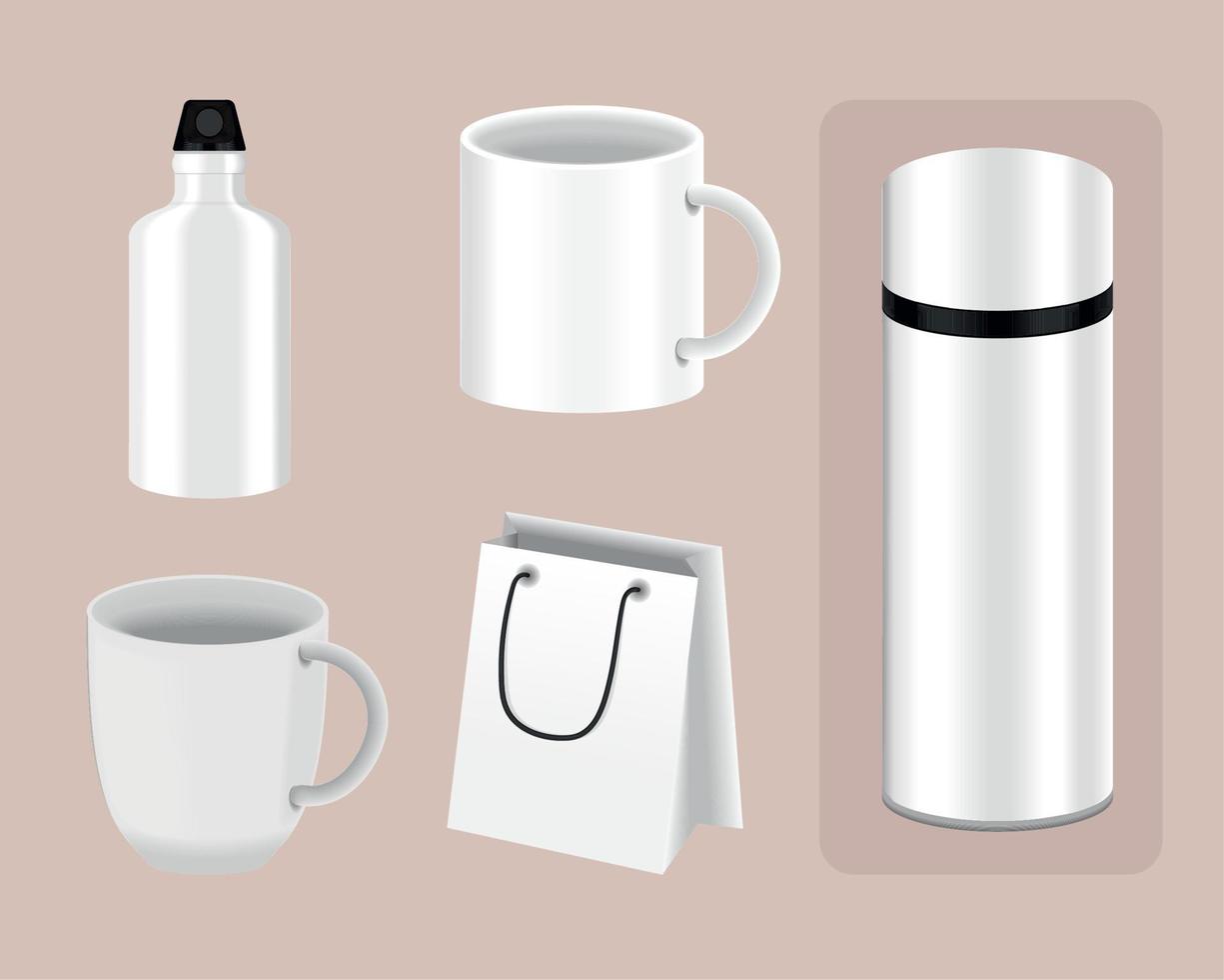 icons mockup thermos and cups vector