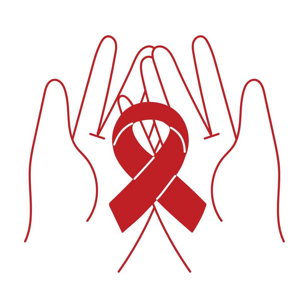 hands with red ribbon AIDS vector