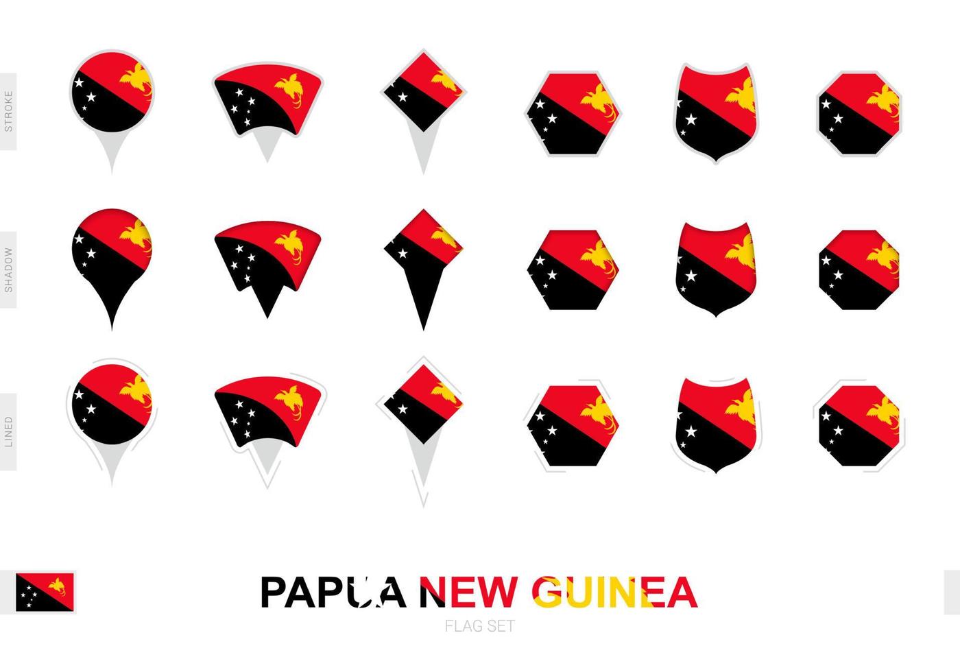 Collection of the Papua New Guinea flag in different shapes and with three different effects. vector