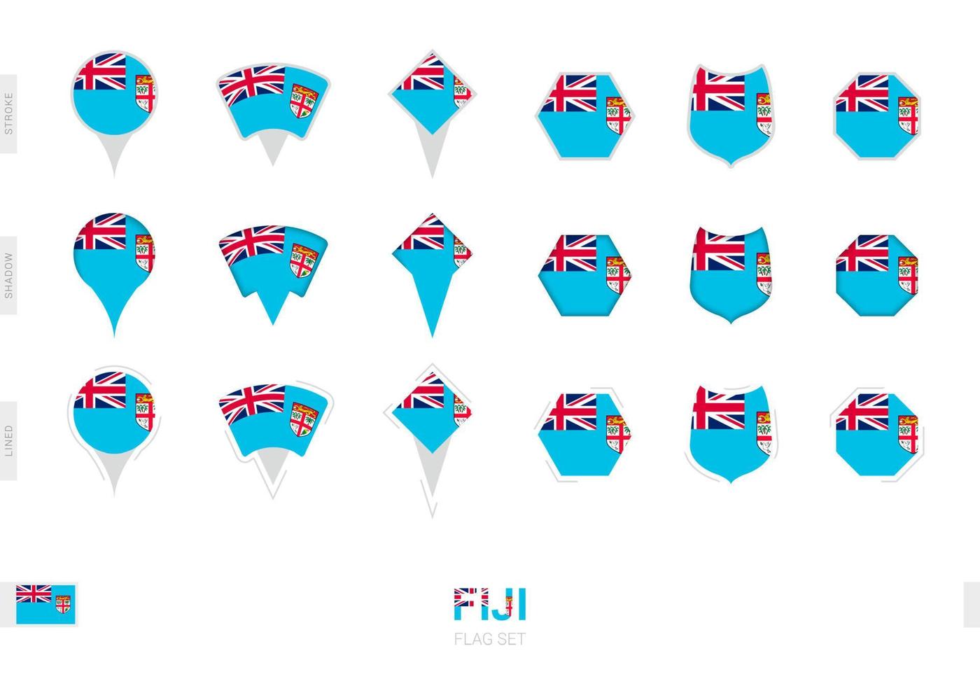 Collection of the Fiji flag in different shapes and with three different effects. vector