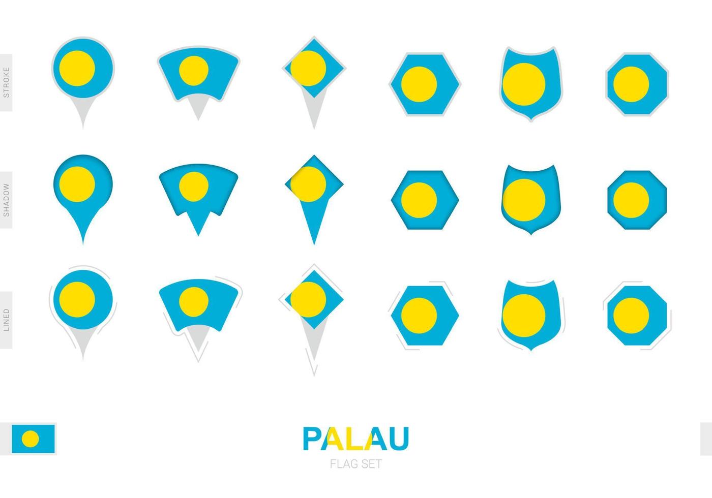 Collection of the Palau flag in different shapes and with three different effects. vector