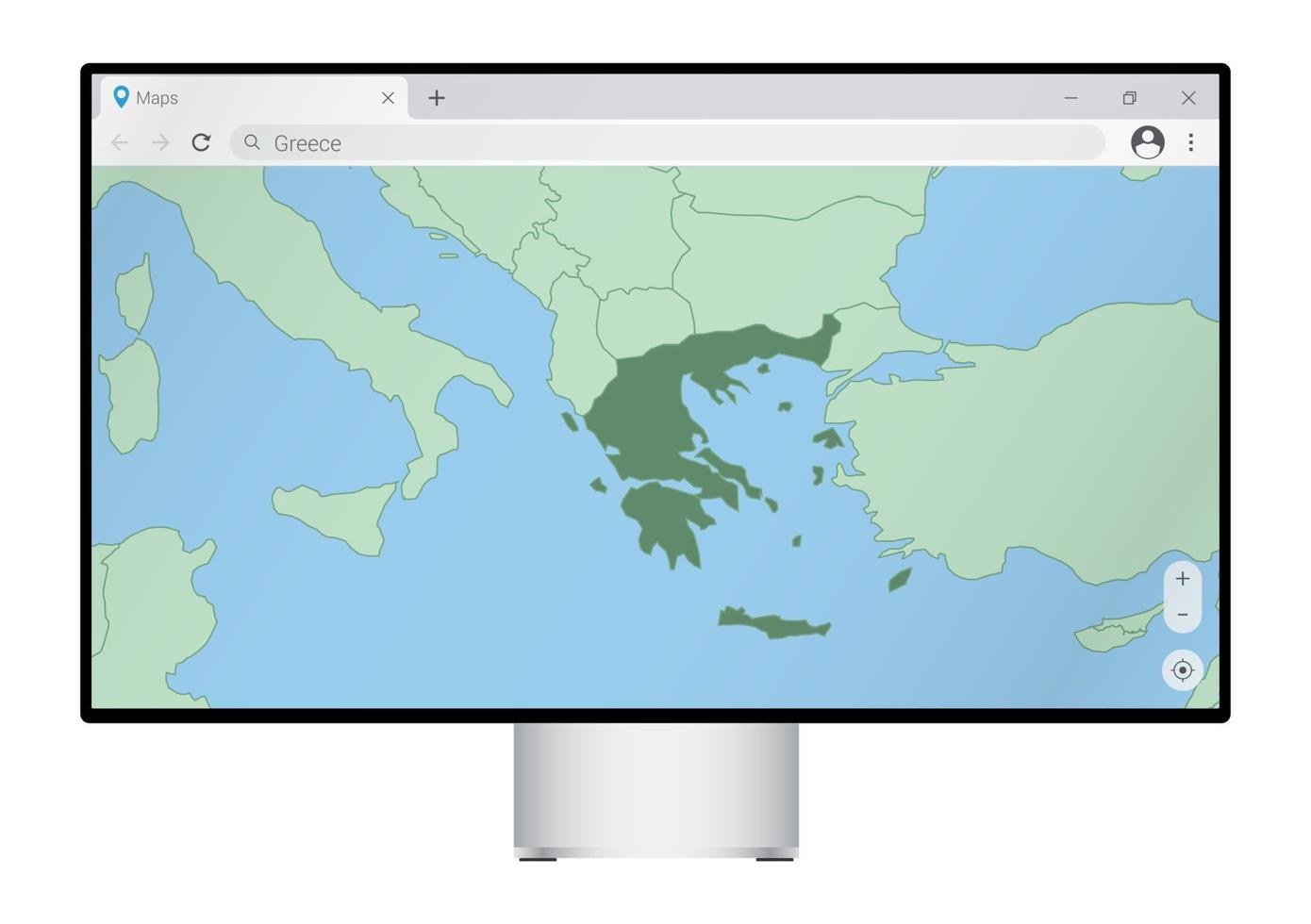 monitor de computadora con mapa de grecia en el navegador, busque el país de grecia en el programa de mapeo web. vector