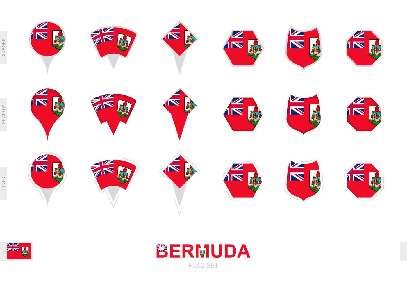 Collection of the Bermuda flag in different shapes and with three different effects. vector