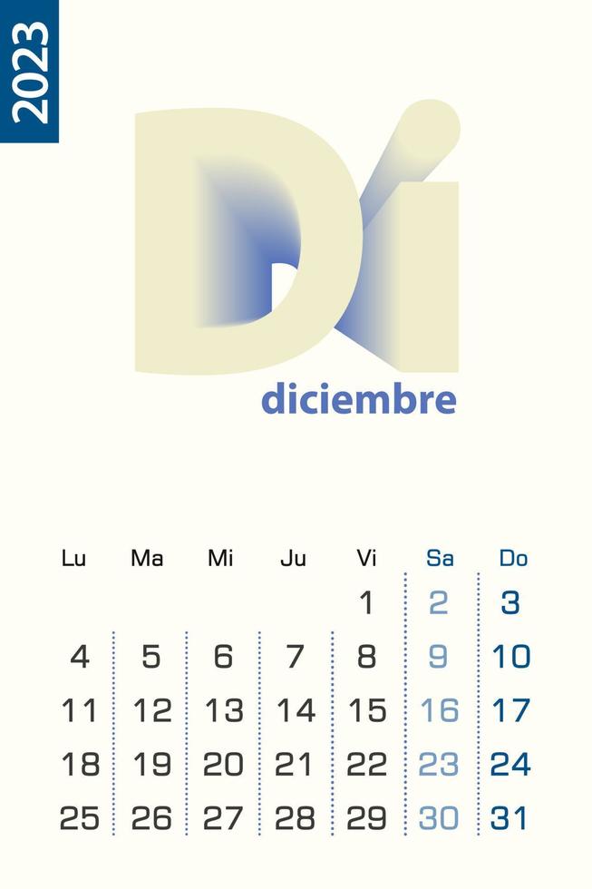 Minimalist calendar template for December 2023, vector calendar in Spanish language.