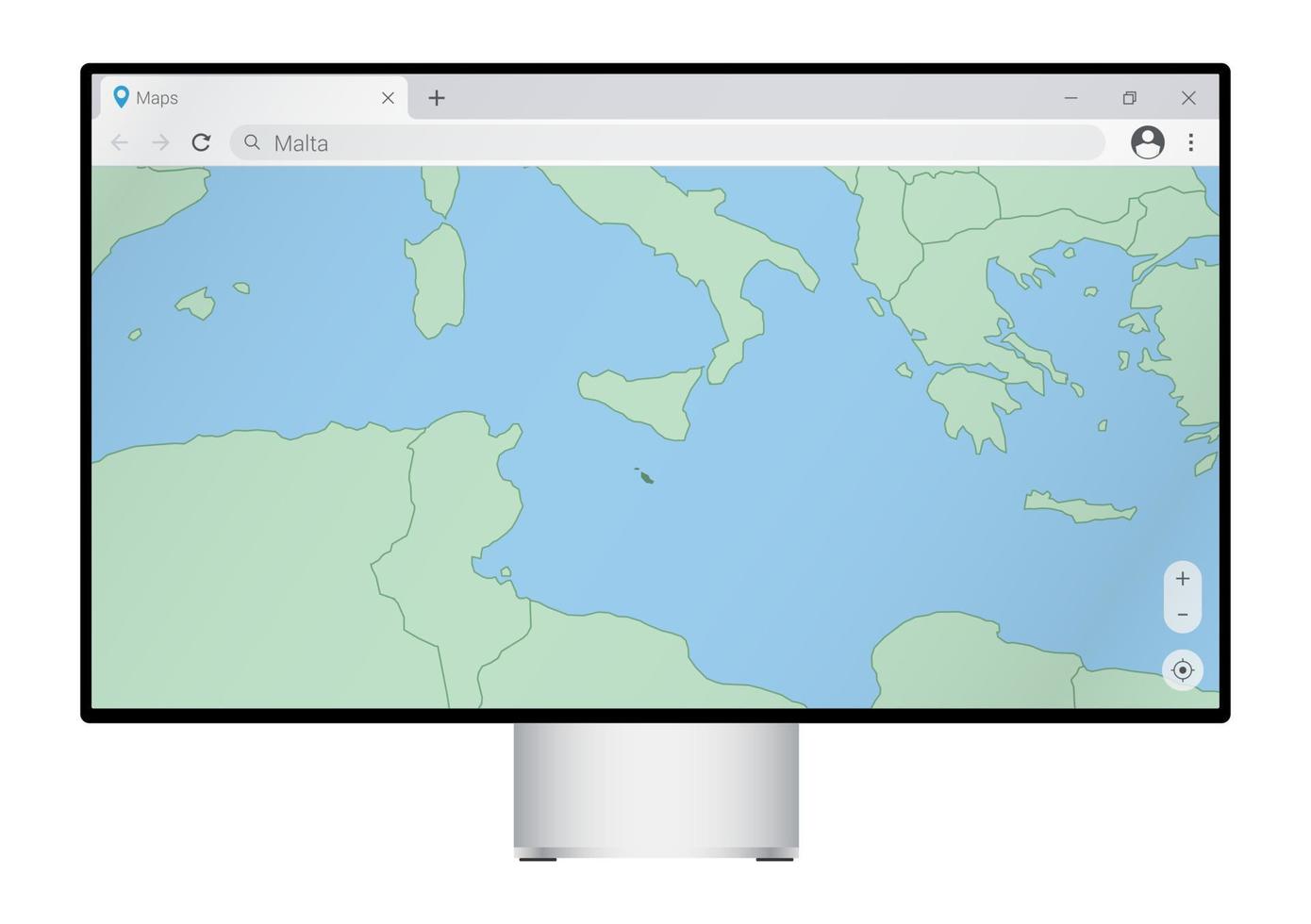Computer monitor with map of Malta in browser, search for the country of Malta on the web mapping program. vector
