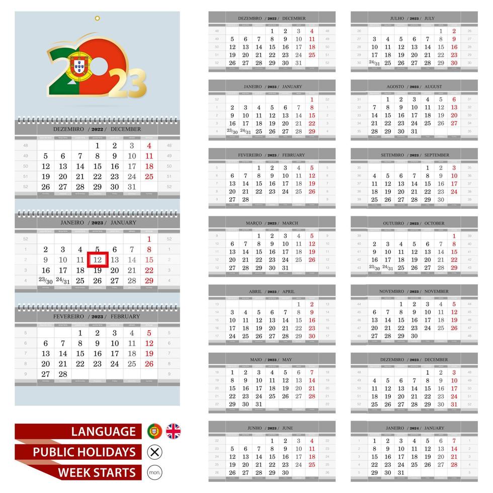 plantilla de vector de planificador de calendario de pared portugués para el año 2023.