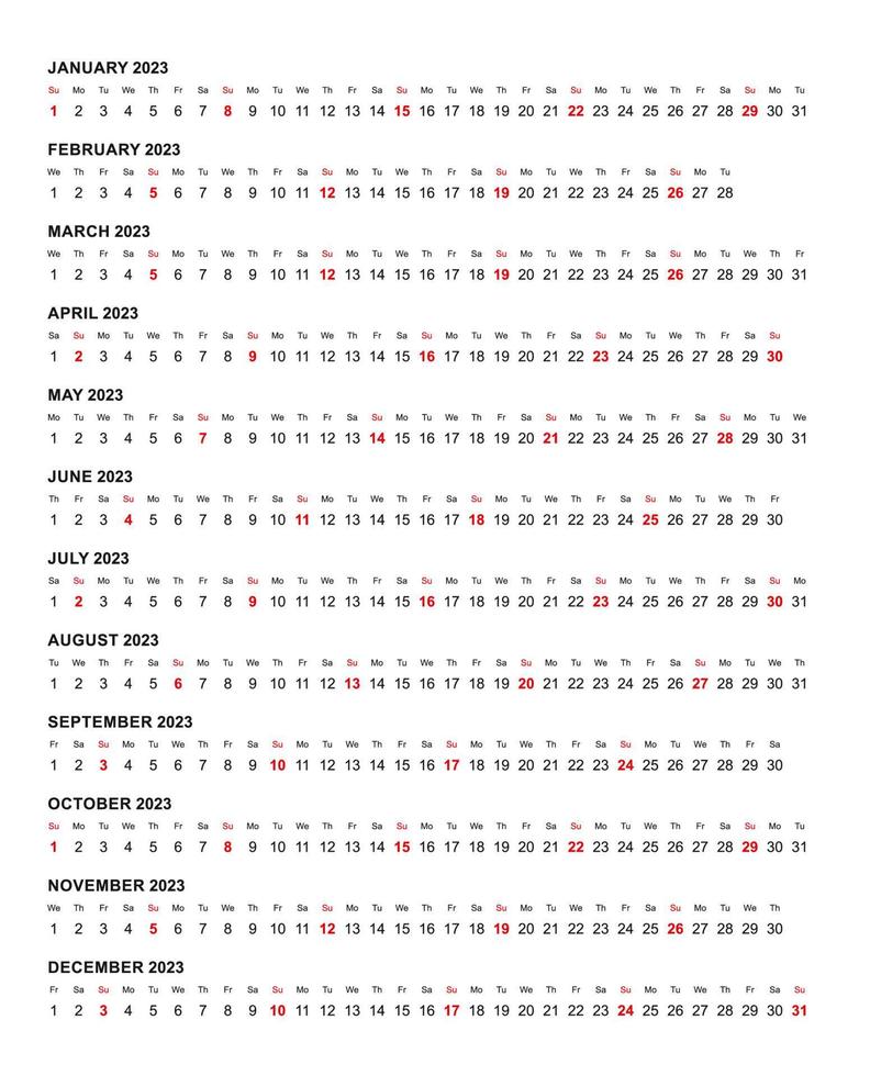 Simple horizontal calendar template year 2023 vector