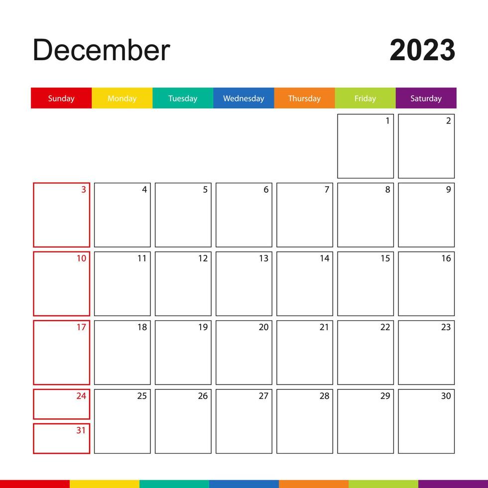 December 2023 colorful wall calendar, week starts on Sunday. vector