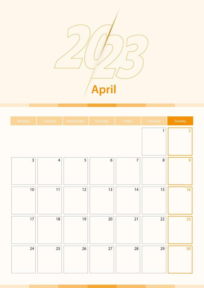 Modern vector vertical calendar sheet for April 2023, planner in English.