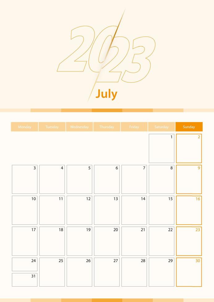 Modern vector vertical calendar sheet for July 2023, planner in English.