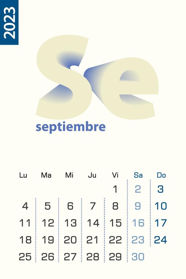 Minimalist calendar template for September 2023, vector calendar in Spanish language.