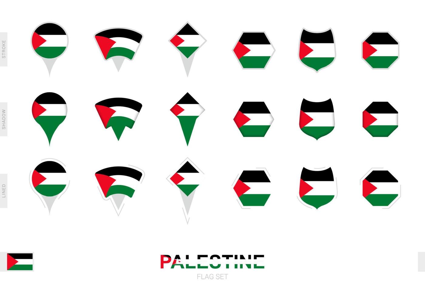 Collection of the Palestine flag in different shapes and with three different effects. vector