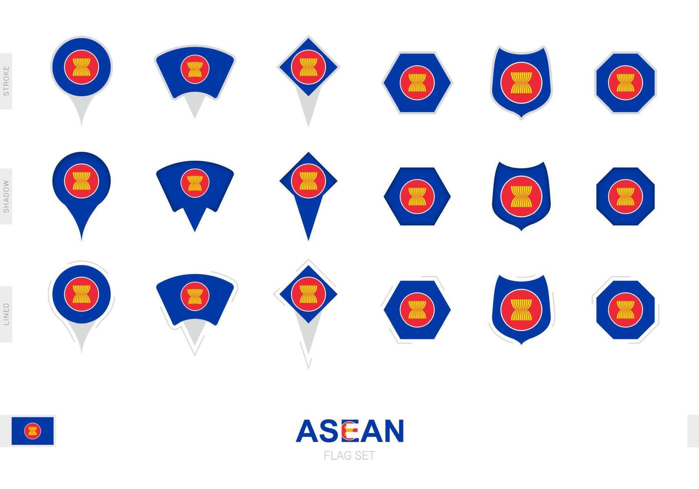 Collection of the ASEAN flag in different shapes and with three different effects. vector