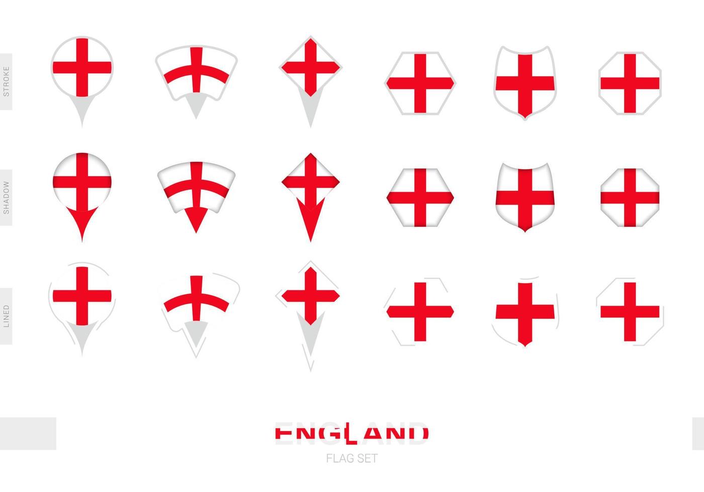 Collection of the England flag in different shapes and with three different effects. vector