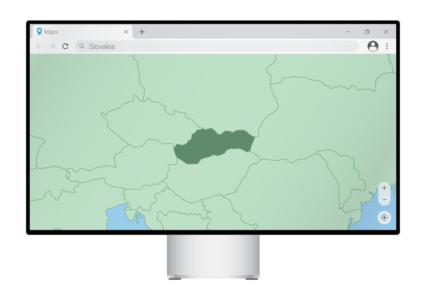 monitor de computadora con mapa de eslovaquia en el navegador, busque el país de eslovaquia en el programa de mapeo web. vector