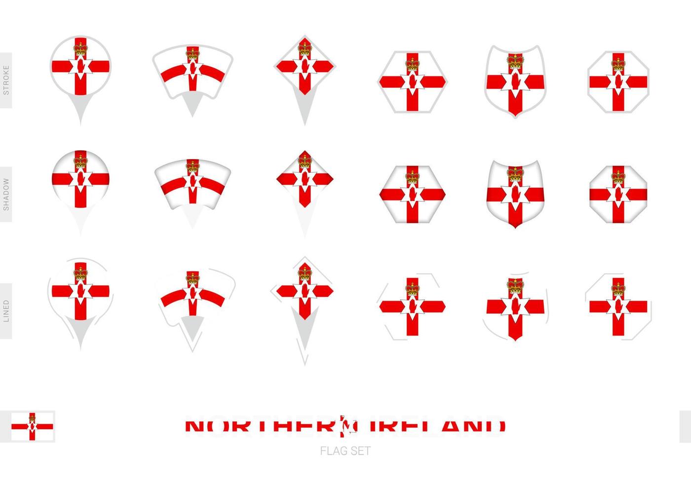 Collection of the Northern Ireland flag in different shapes and with three different effects. vector