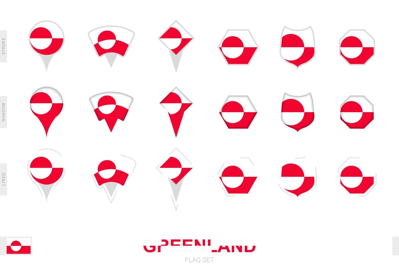 Collection of the Greenland flag in different shapes and with three different effects. vector