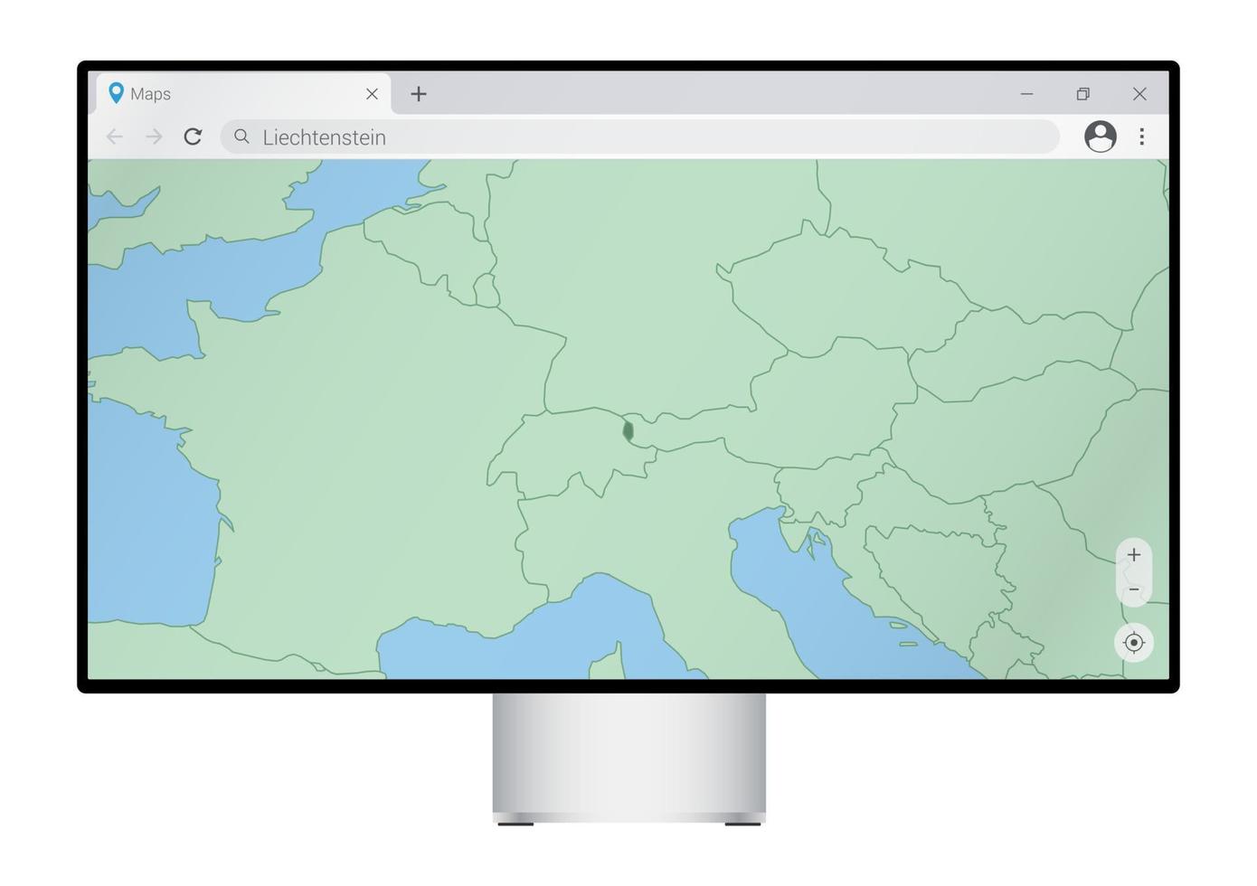 monitor de computadora con mapa de liechtenstein en el navegador, busque el país de liechtenstein en el programa de mapeo web. vector