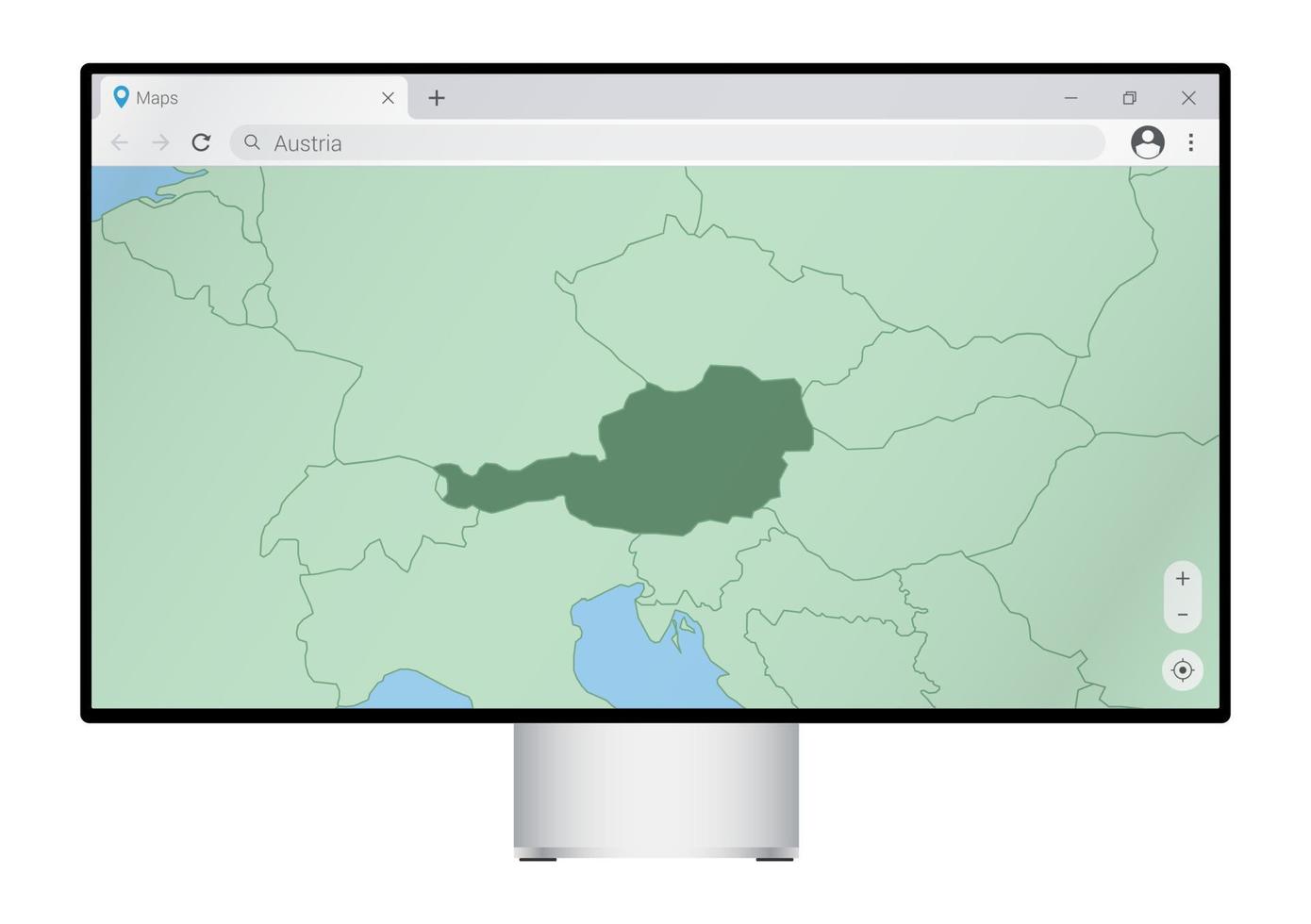 Computer monitor with map of Austria in browser, search for the country of Austria on the web mapping program. vector