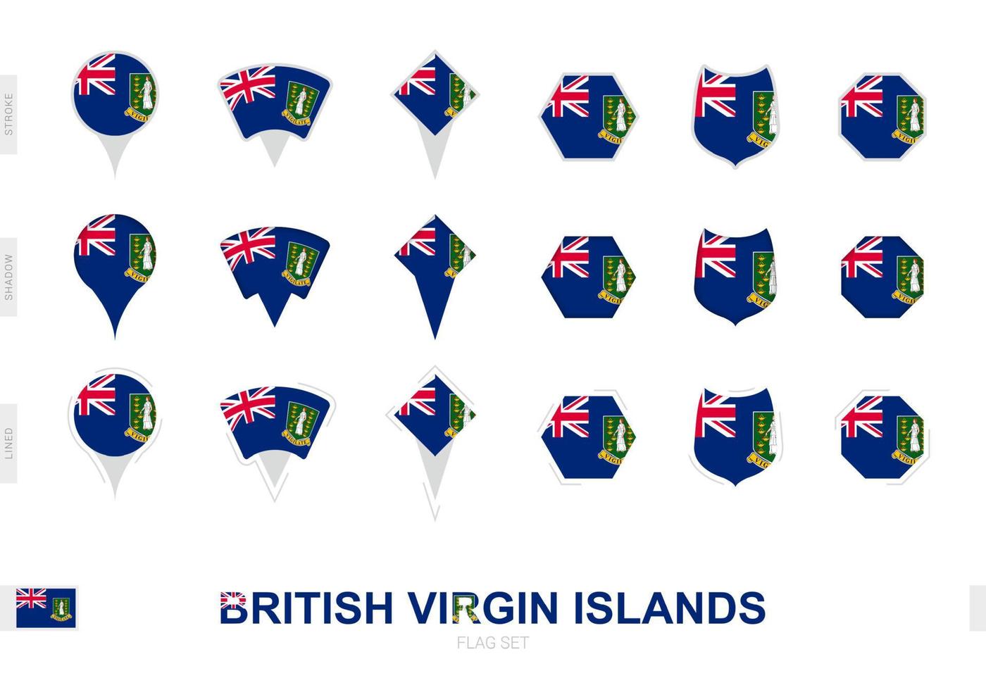 Collection of the British Virgin Islands flag in different shapes and with three different effects. vector