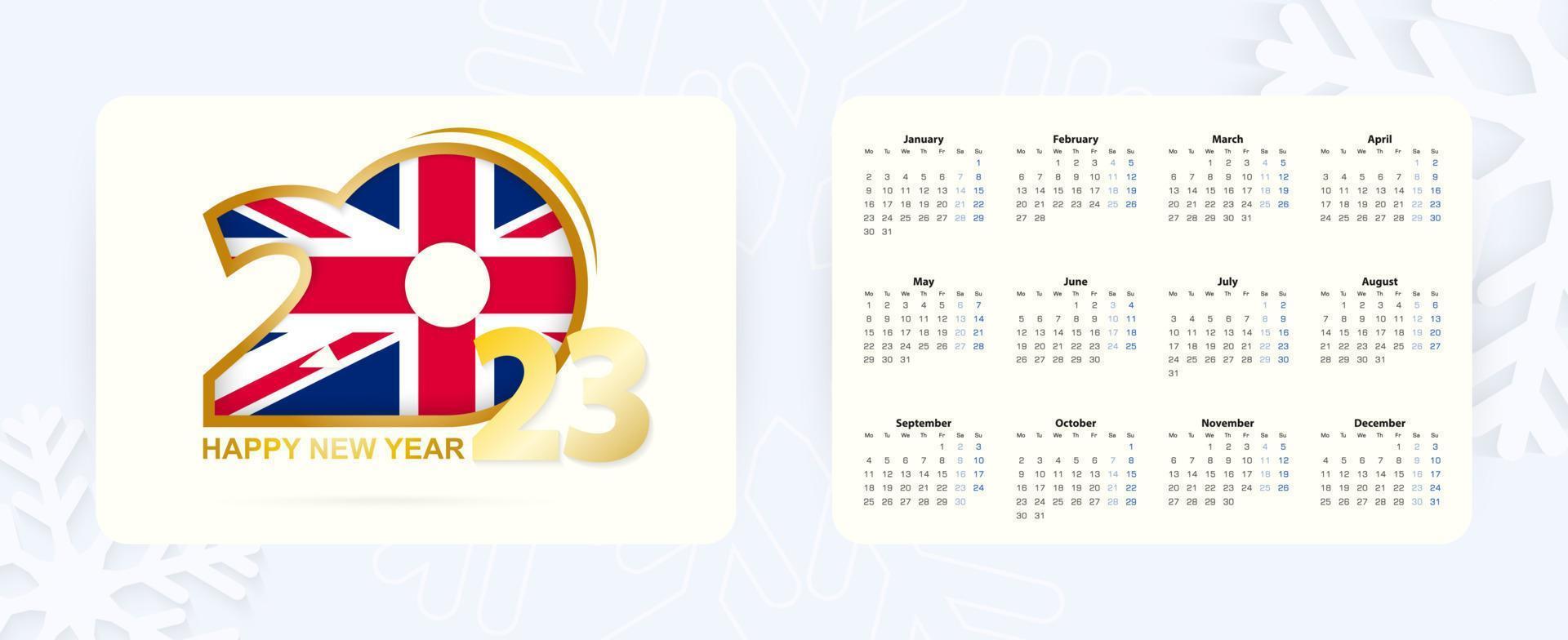 calendario de bolsillo horizontal 2023 en inglés. icono de año nuevo 2023 con bandera del reino unido. vector