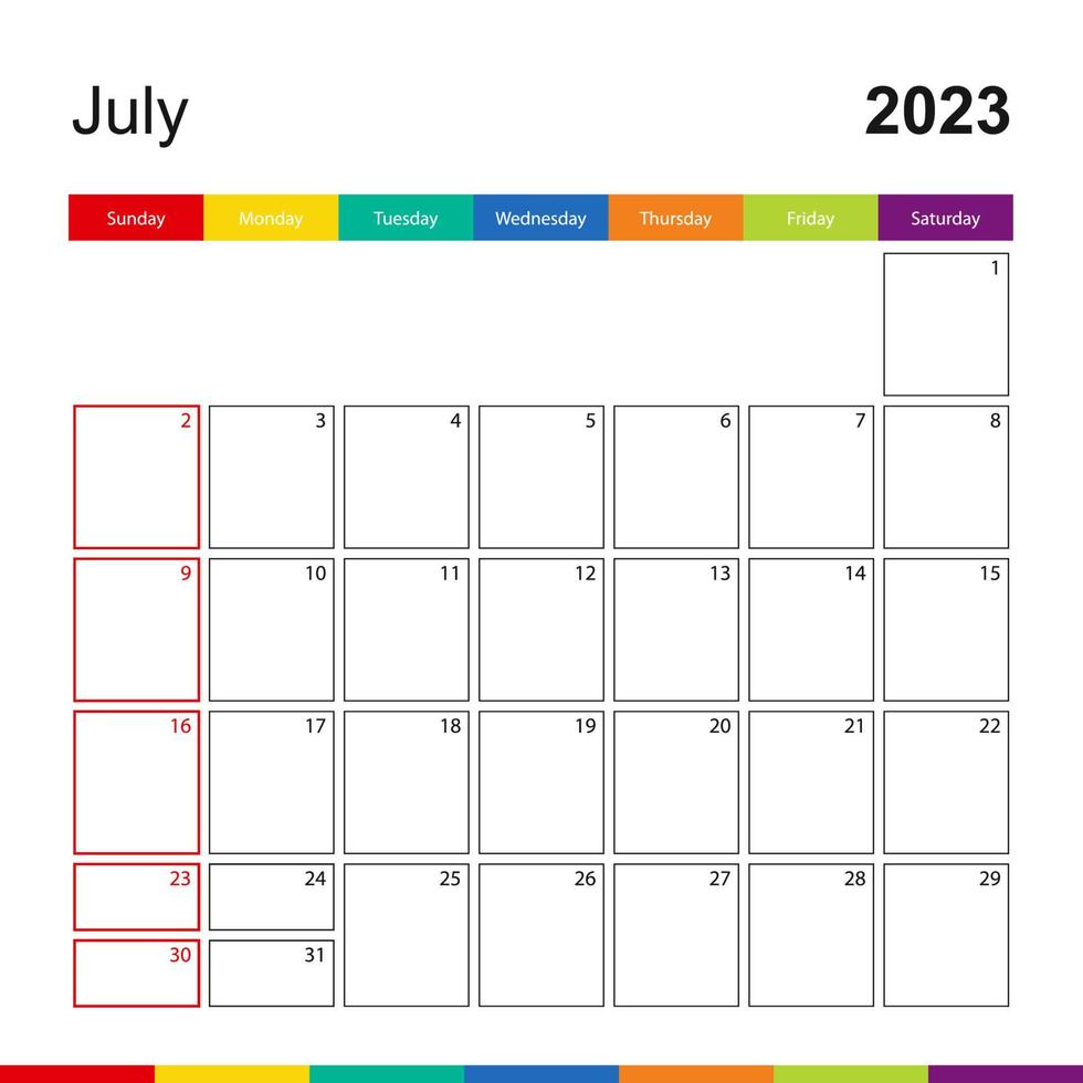 July 2023 colorful wall calendar, week starts on Sunday. vector