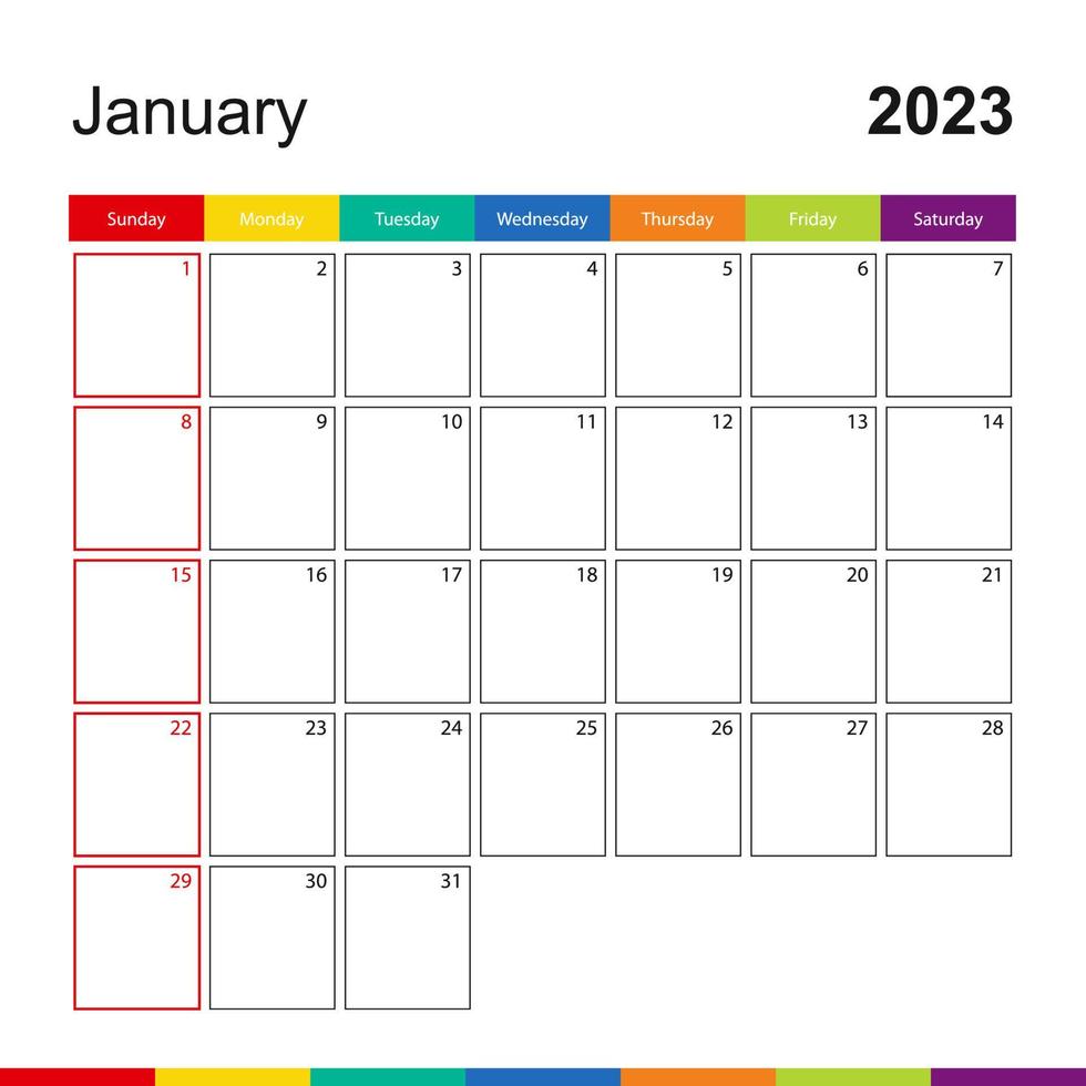 January 2023 colorful wall calendar, week starts on Sunday. vector