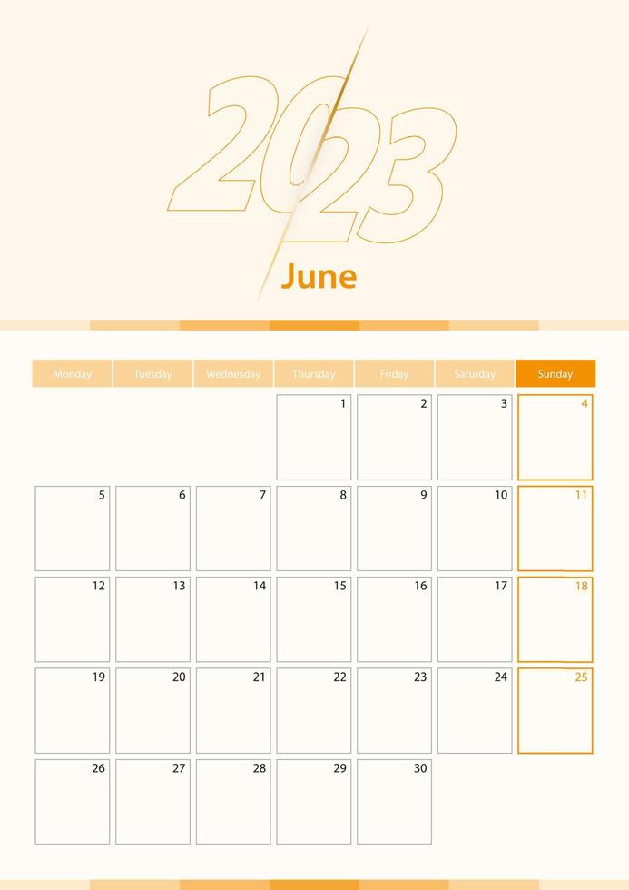 Modern vector vertical calendar sheet for June 2023, planner in English.