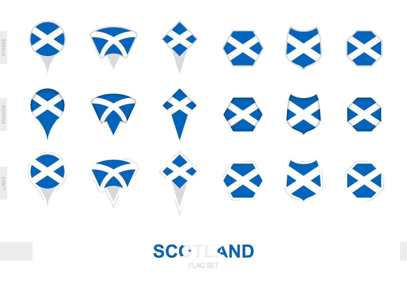 colección de la bandera de escocia en diferentes formas y con tres efectos diferentes. vector