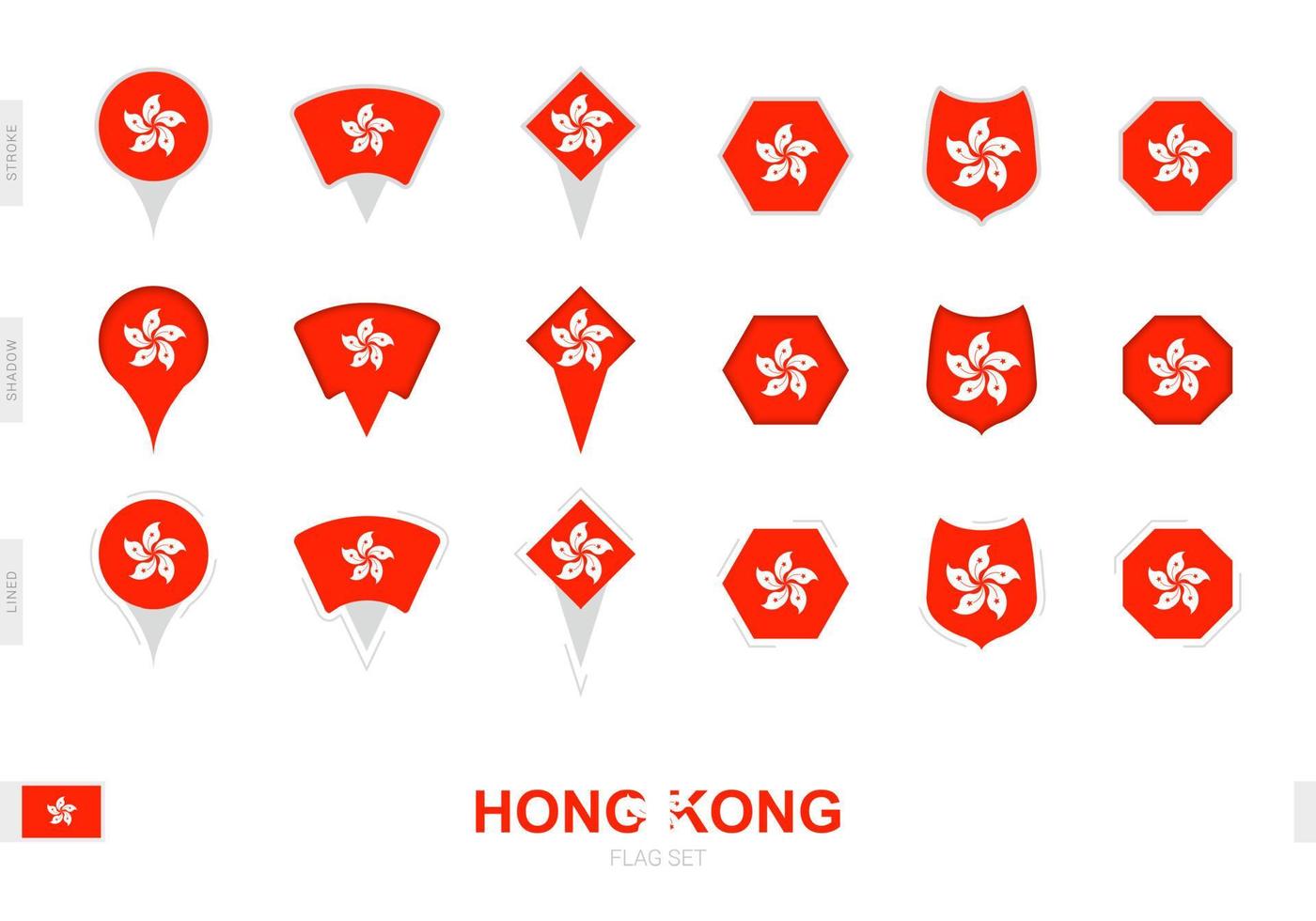 Collection of the Hong Kong flag in different shapes and with three different effects. vector