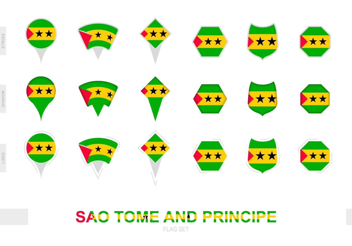 Collection of the Sao Tome and Principe flag in different shapes and with three different effects. vector