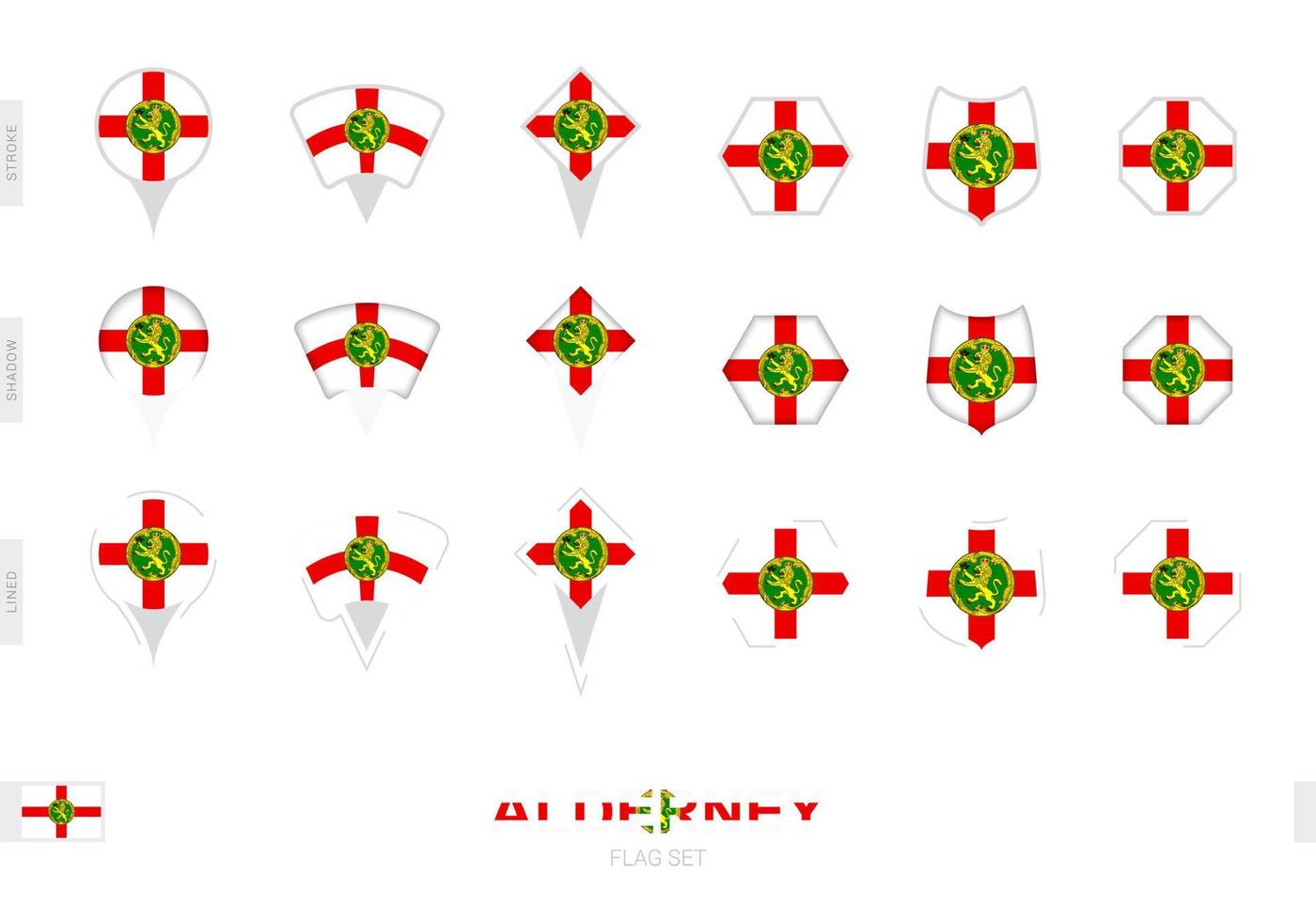 Collection of the Alderney flag in different shapes and with three different effects. vector