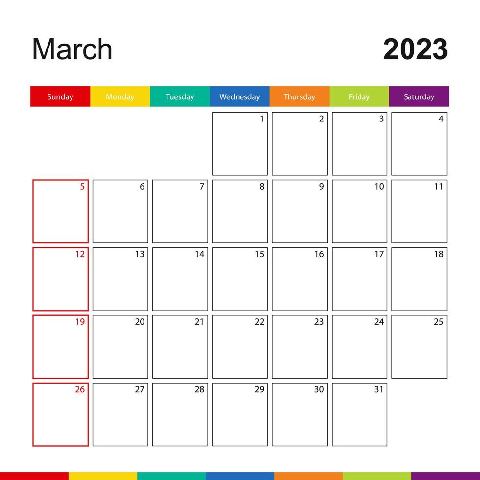 March 2023 colorful wall calendar, week starts on Sunday. vector