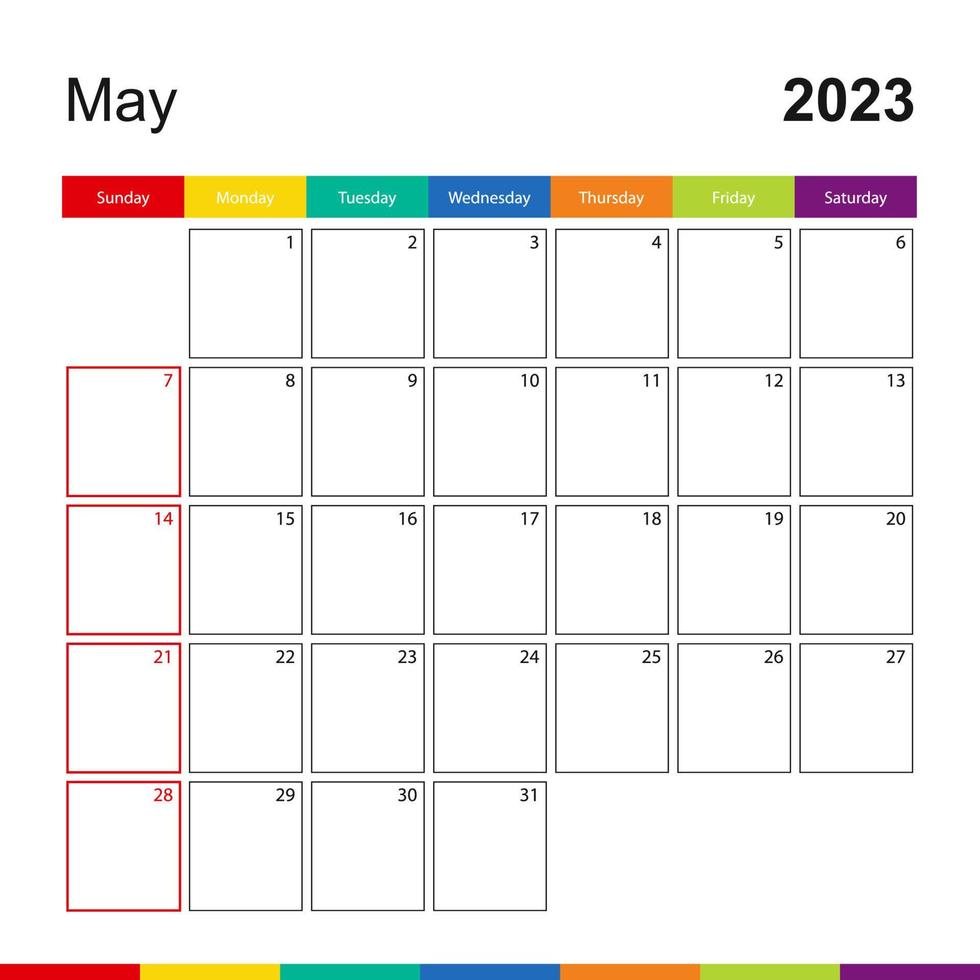 May 2023 colorful wall calendar, week starts on Sunday. vector