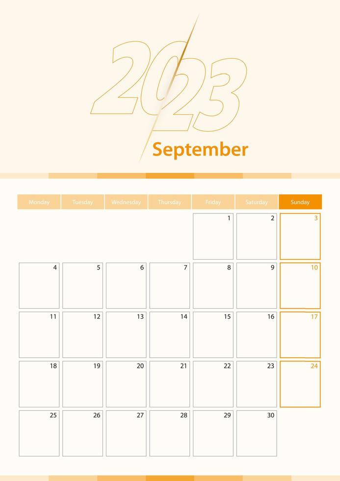 Modern vector vertical calendar sheet for September 2023, planner in English.