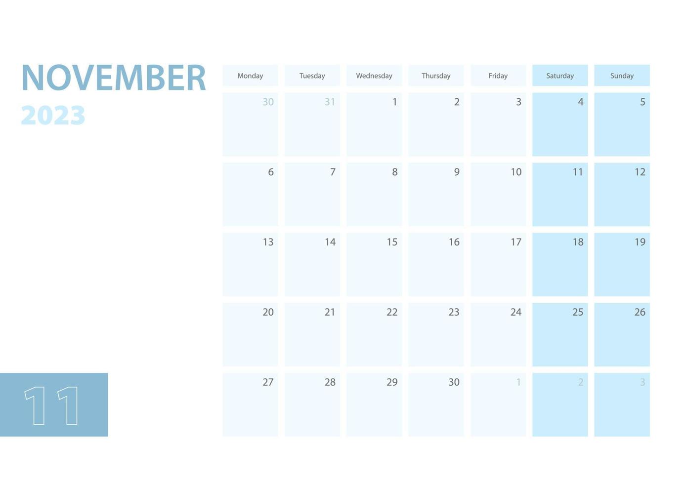 plantilla de calendario para noviembre de 2023, la semana comienza el lunes. el calendario está en un esquema de color azul. vector