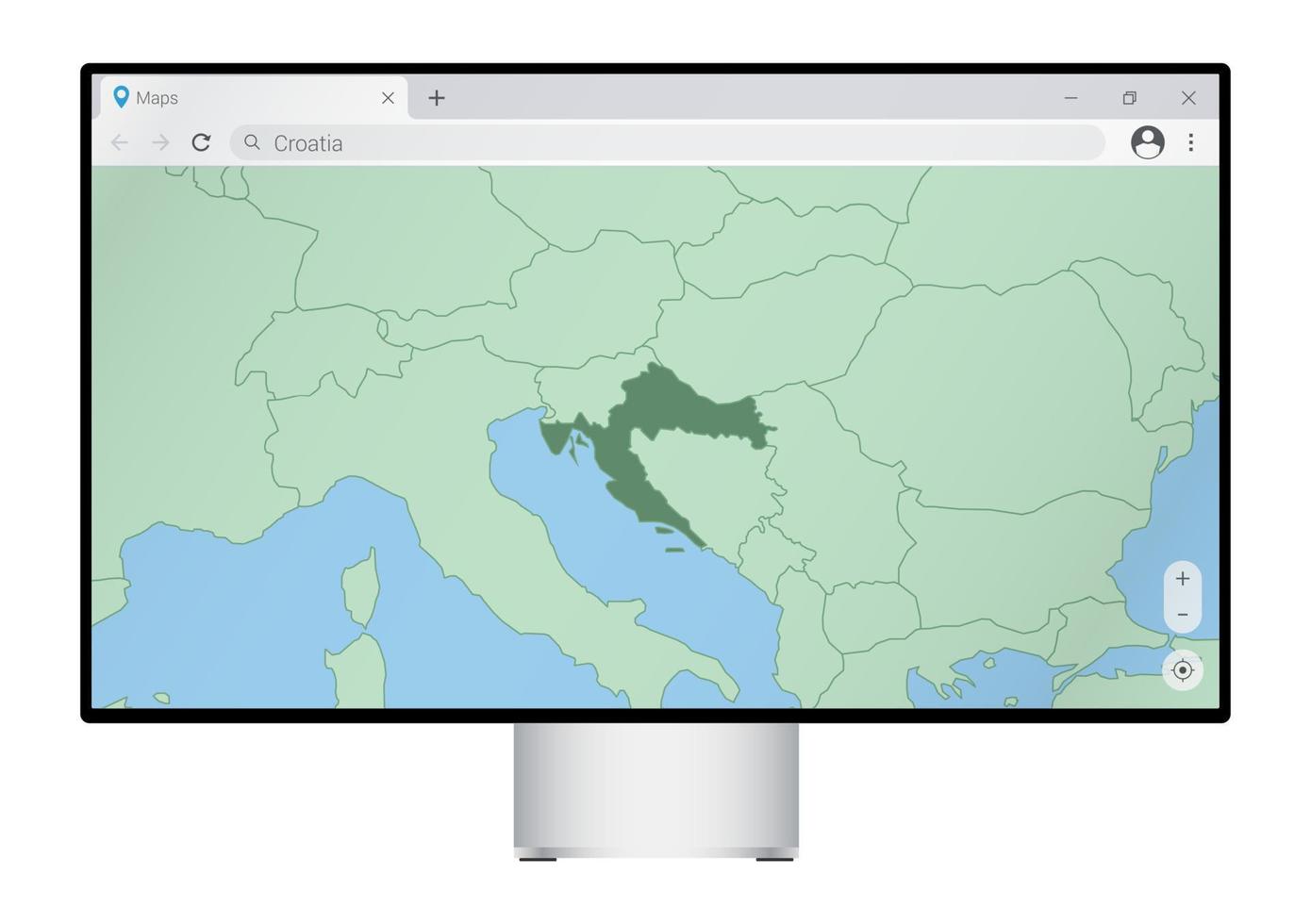 monitor de computadora con mapa de croacia en el navegador, busque el país de croacia en el programa de mapeo web. vector