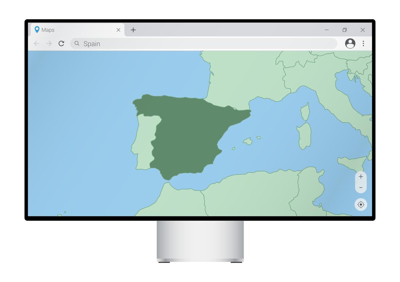 monitor de computadora con mapa de españa en el navegador, busque el país de españa en el programa de mapeo web. vector