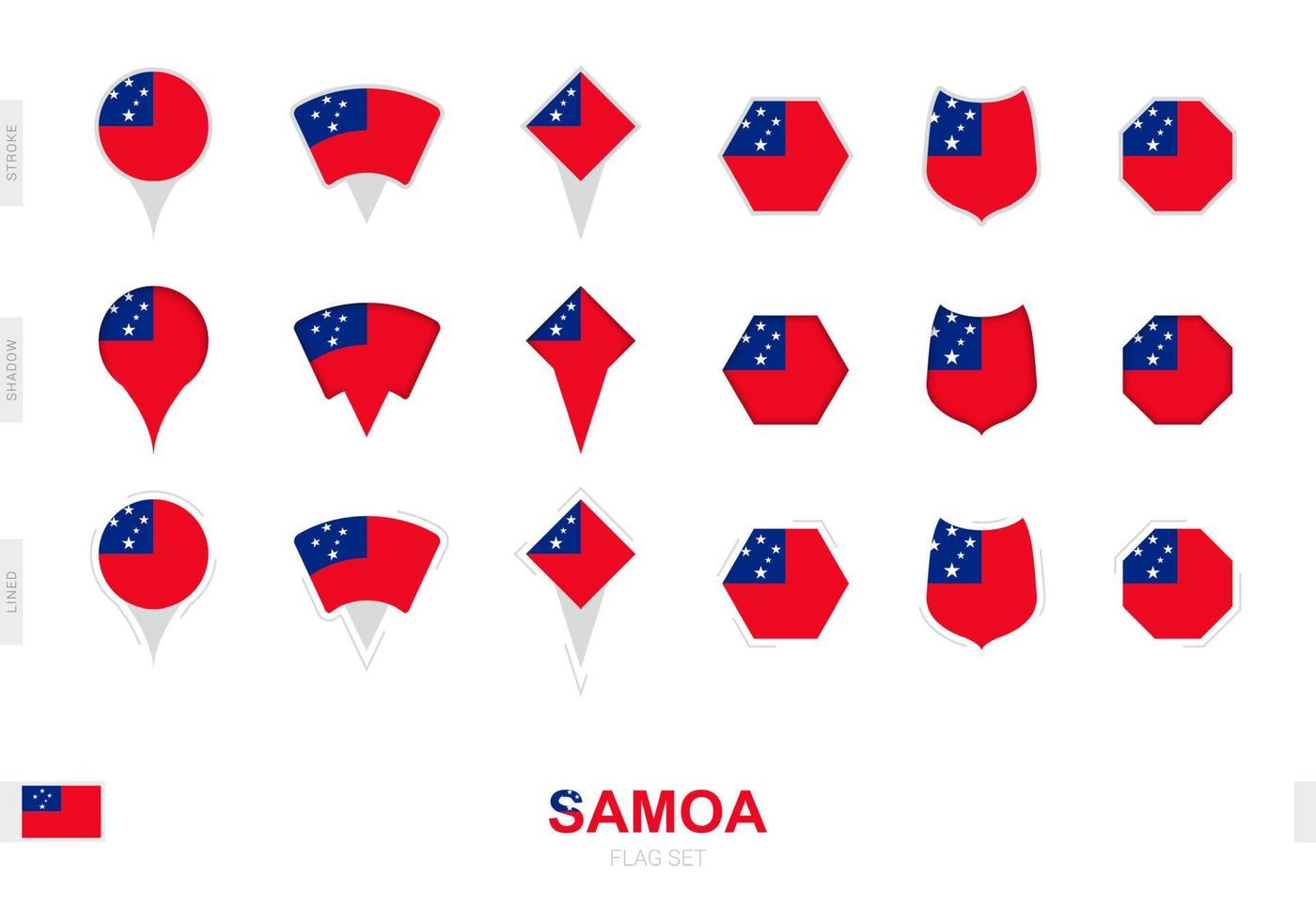 Collection of the Samoa flag in different shapes and with three different effects. vector