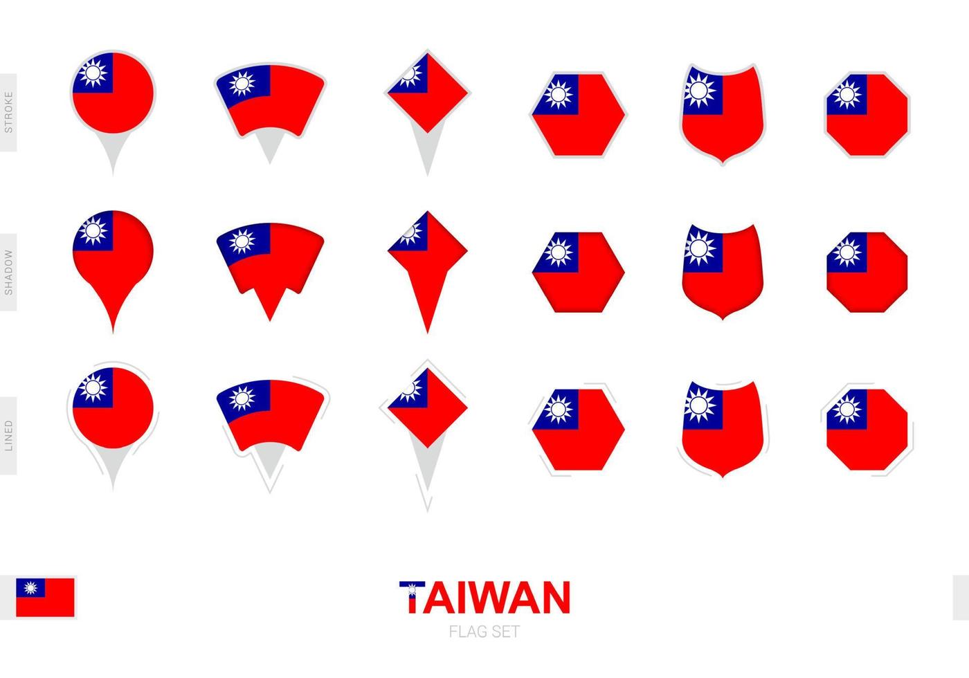 Collection of the Taiwan flag in different shapes and with three different effects. vector