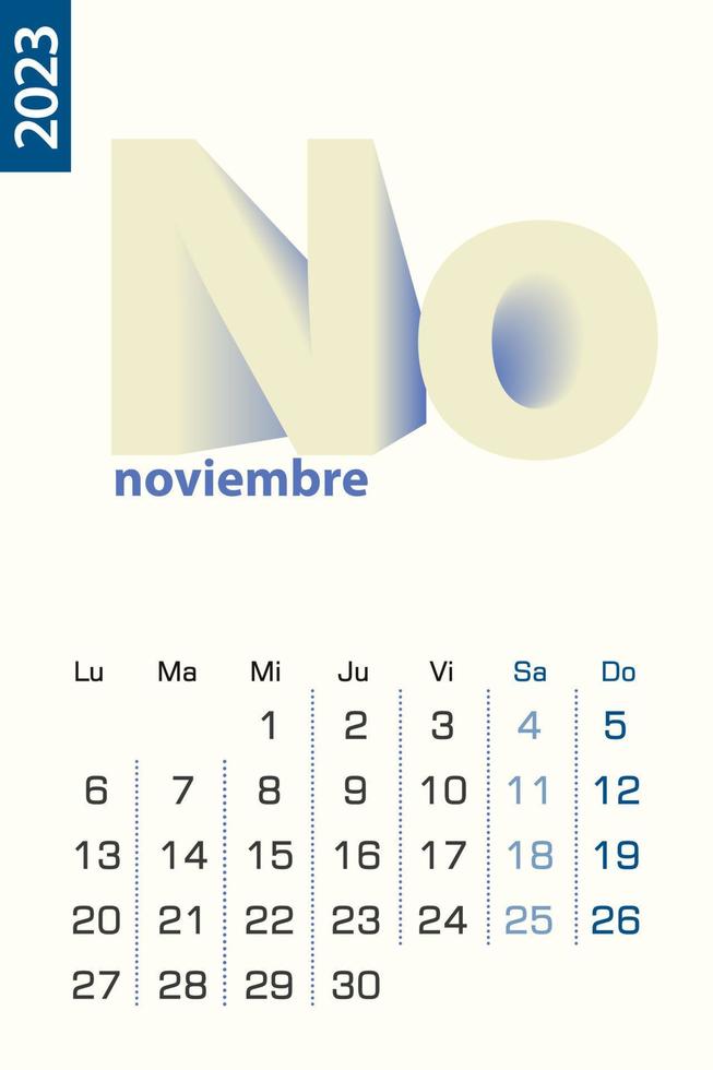 Minimalist calendar template for November 2023, vector calendar in Spanish language.