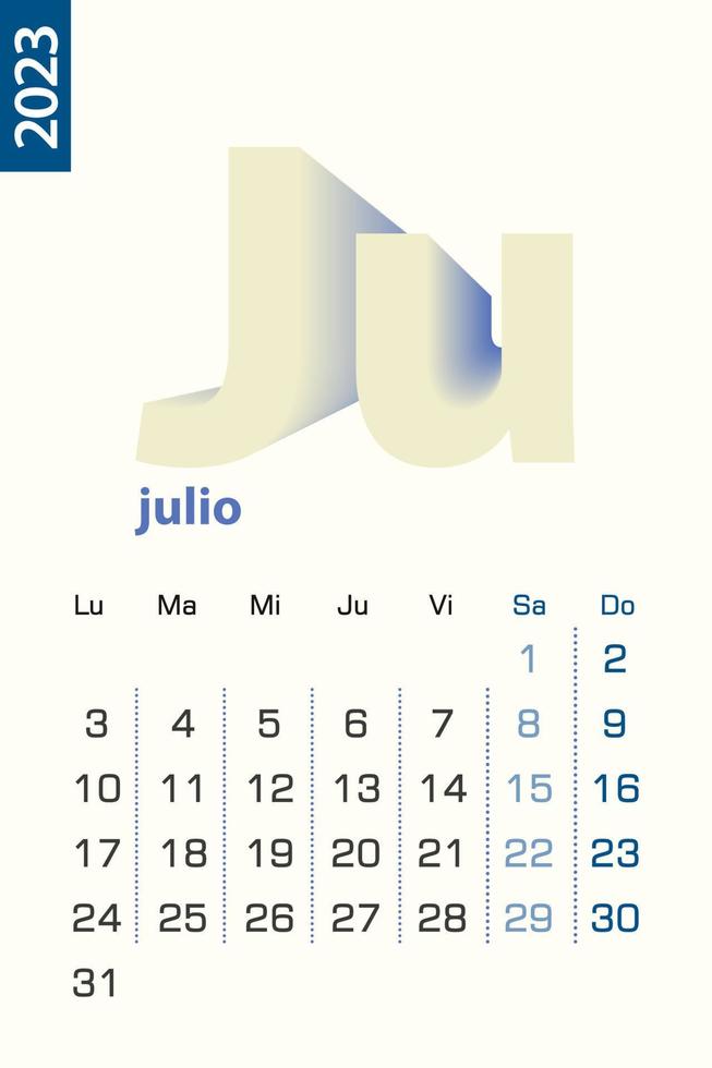 Minimalist calendar template for July 2023, vector calendar in Spanish language.