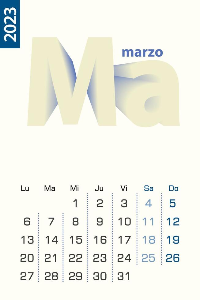 Minimalist calendar template for March 2023, vector calendar in Spanish language.