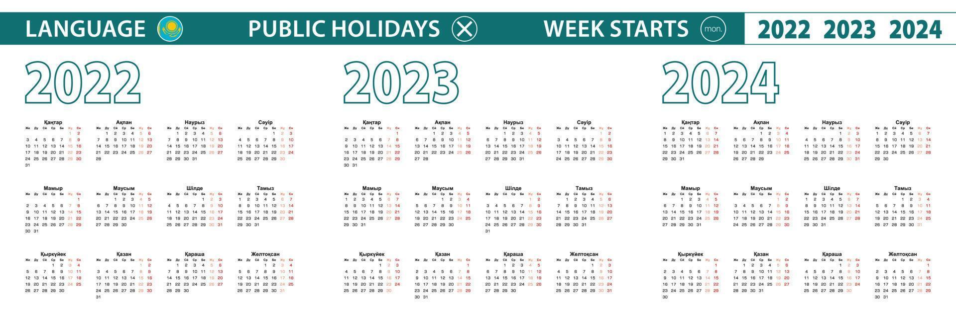 plantilla de calendario simple en kazajo para 2022, 2023, 2024 años. la semana comienza a partir del lunes. vector