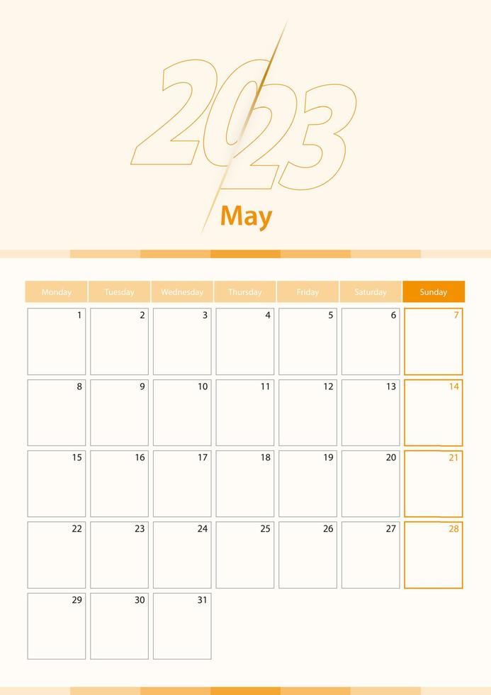 Modern vector vertical calendar sheet for May 2023, planner in English.