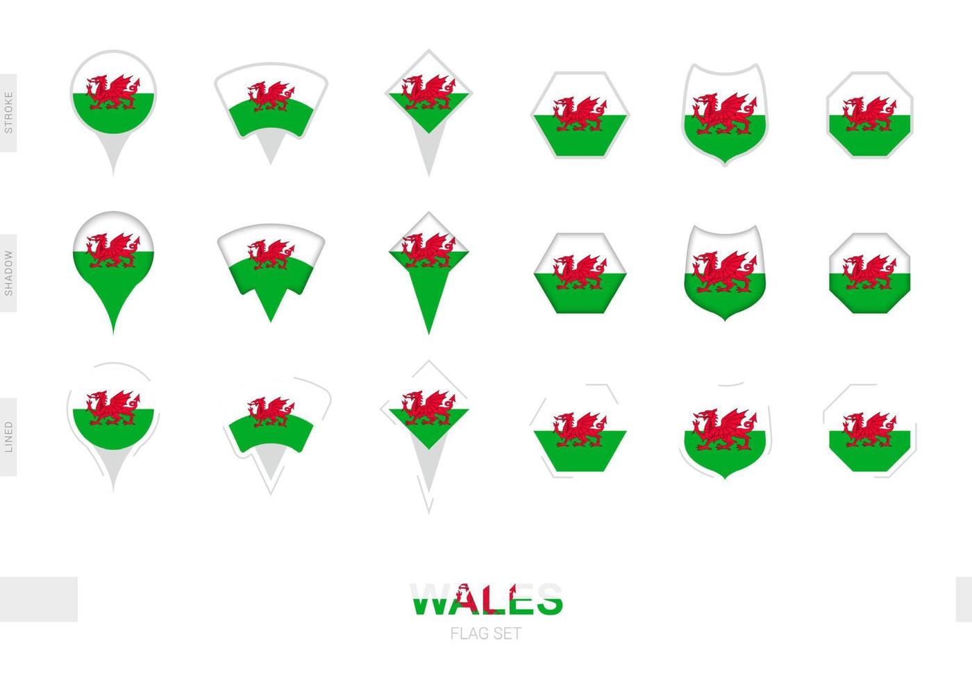 Collection of the Wales flag in different shapes and with three different effects. vector