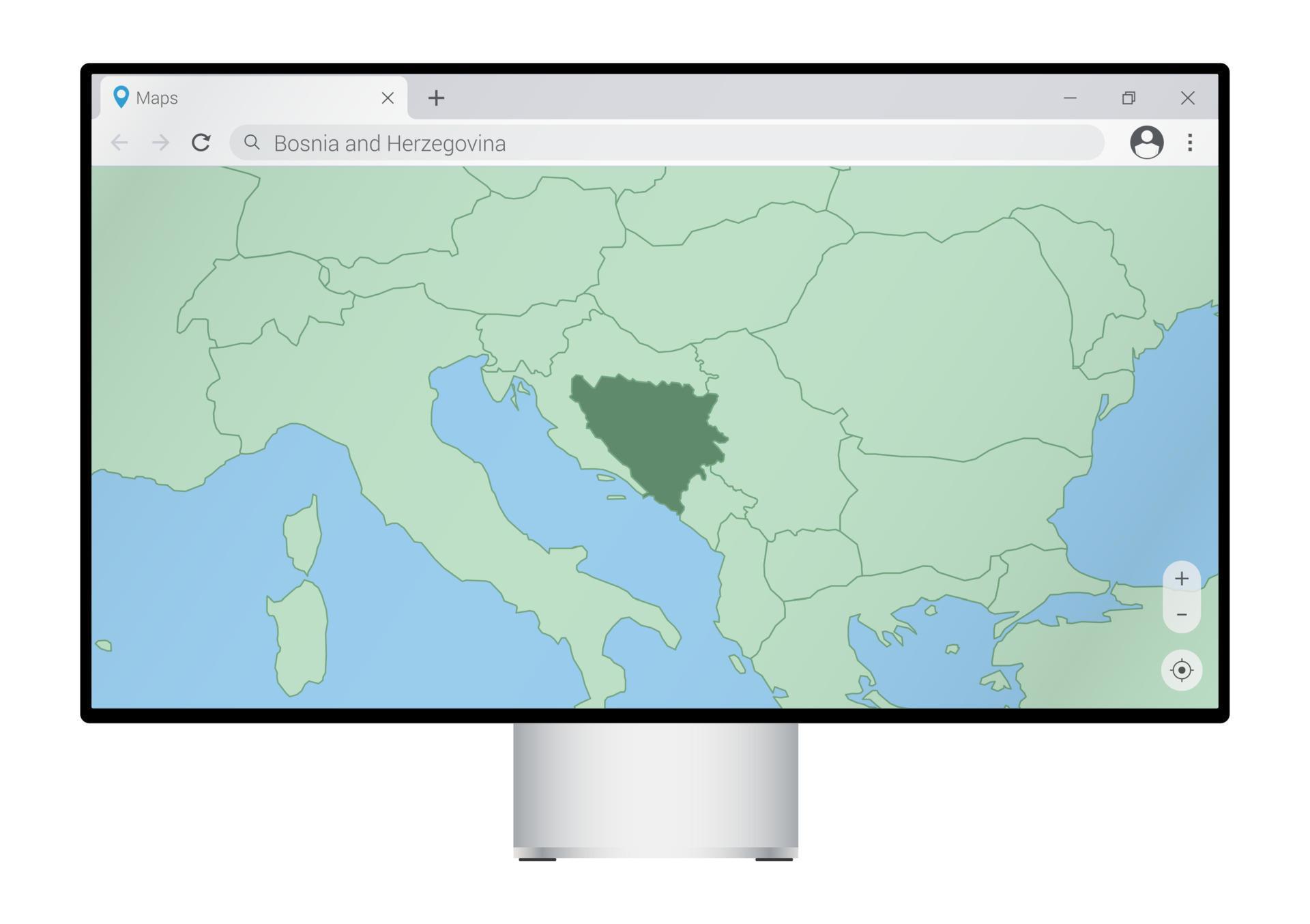 Computer monitor with map of Bosnia and Herzegovina in browser, search